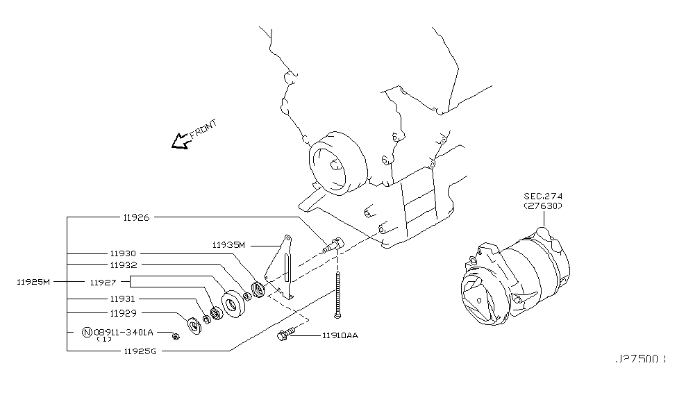 Figure 18. Breakdown of the pulley shaft with part numbers