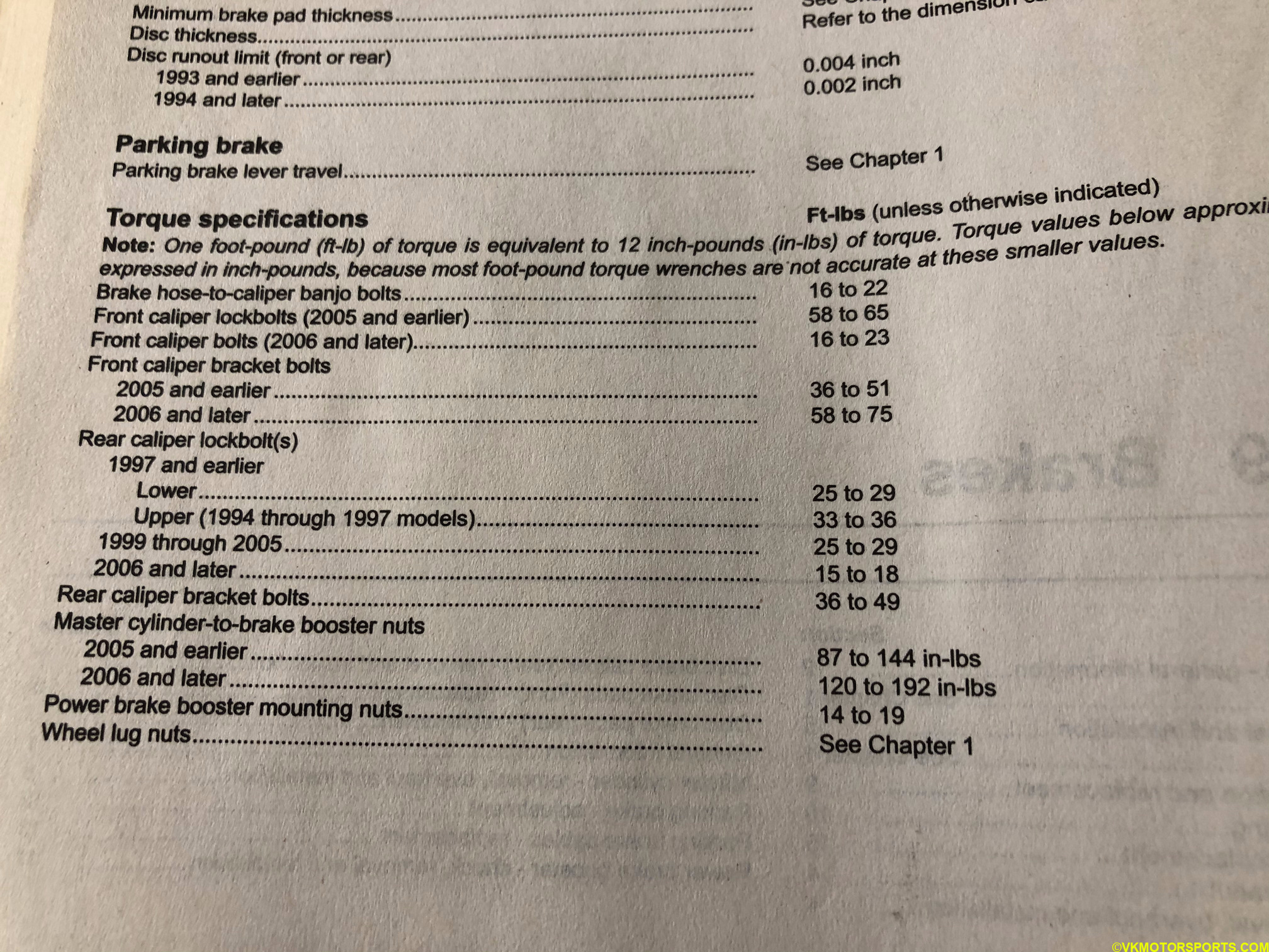 Haynes manual image of the torque specifications for the calipers