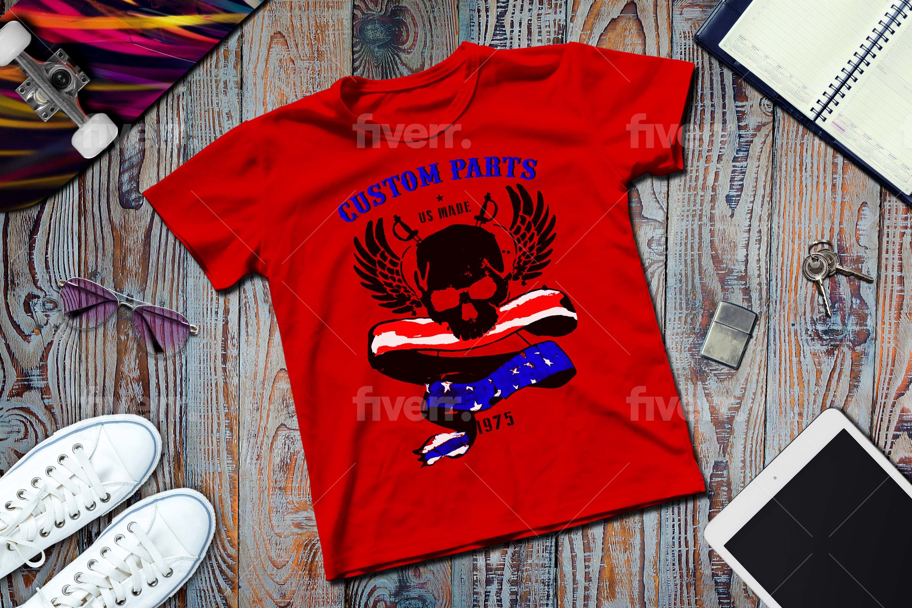 red tshirt Custom Parts USA flag Skull Sword