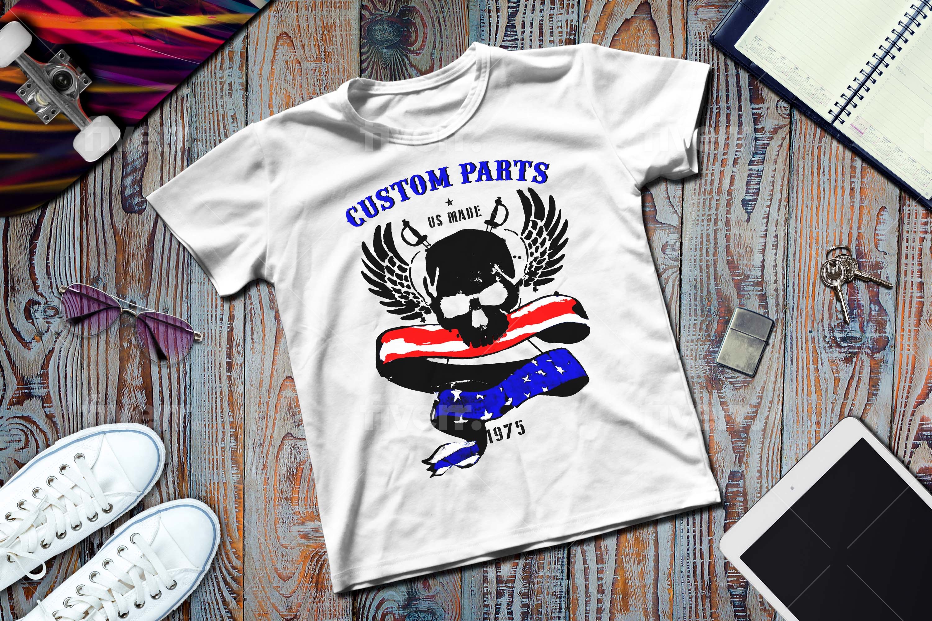 white tshirt Custom Parts USA flag Skull Sword