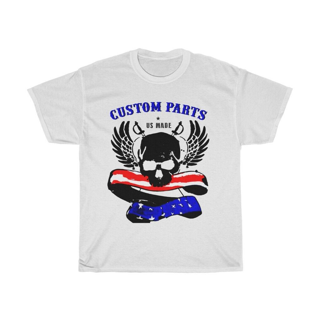 white tshirt Custom Parts USA flag Skull Sword